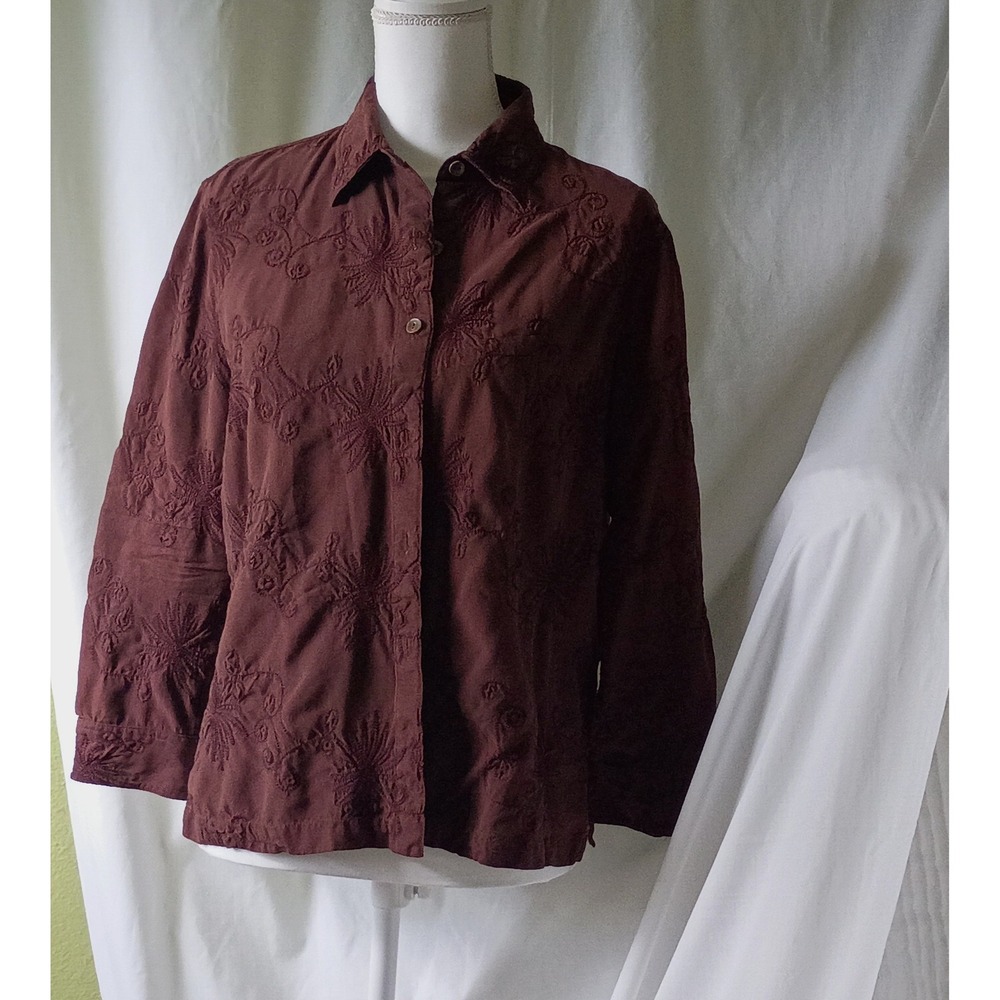 DT Collection Silk Cotton Embroidered Button Down Shirt Brown Womens Size 12